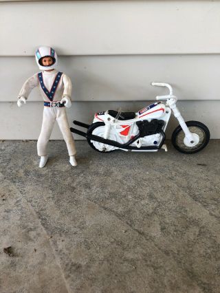 Vintage 1972 Ideal Evel Knievel Doll & Helmet Belt And Stunt Cycle Motorcycle