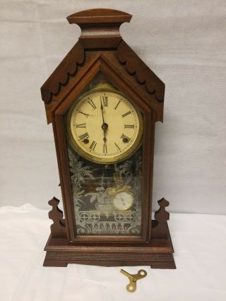 Antique Walnut Victorian Ansonia Shelf Clock With Key.