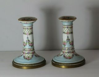 Antique Late 19thc French Porcelain Hand Painted Roses Bronze Base Candlesticks