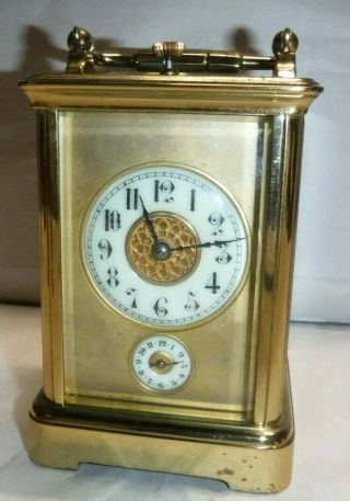 ANTIQUE FRENCH BRASS 8 - DAY CORNICHE CARRIAGE CHIME REPEATER CLOCK,  ALARM 11