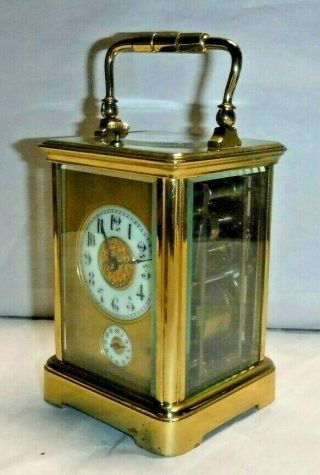 ANTIQUE FRENCH BRASS 8 - DAY CORNICHE CARRIAGE CHIME REPEATER CLOCK,  ALARM 2