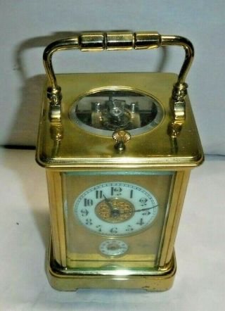 ANTIQUE FRENCH BRASS 8 - DAY CORNICHE CARRIAGE CHIME REPEATER CLOCK,  ALARM 3
