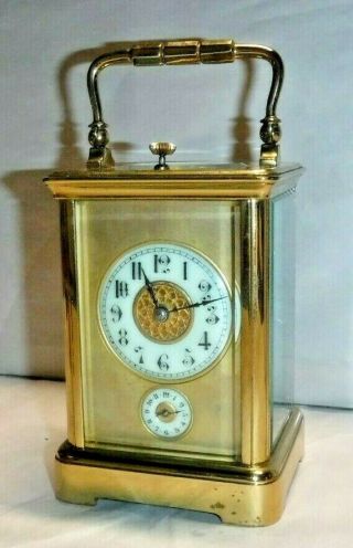 ANTIQUE FRENCH BRASS 8 - DAY CORNICHE CARRIAGE CHIME REPEATER CLOCK,  ALARM 4