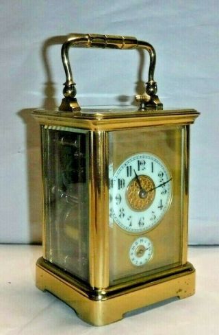 ANTIQUE FRENCH BRASS 8 - DAY CORNICHE CARRIAGE CHIME REPEATER CLOCK,  ALARM 5