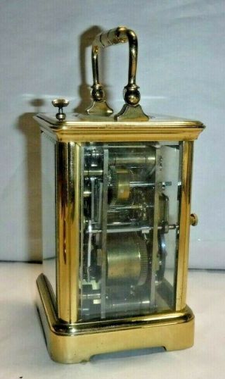 ANTIQUE FRENCH BRASS 8 - DAY CORNICHE CARRIAGE CHIME REPEATER CLOCK,  ALARM 6