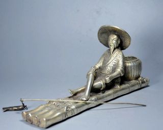 Collectable Chinese Tibet Silver Hand Carve Old Man Go Fishing Delicate Statue