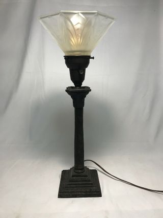 Vintage Gilbert Cast Iron Art Deco Table Lamp W.  Glass Crystal Pattern Shade