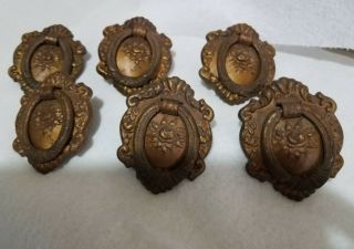 Set Of 6 Antique Victorian Drawer Large Ring Pulls Hardware Fancy