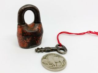 Antique Scandinavian Lock Padlock & Skeleton Key - Vintage Small Old Metal Red