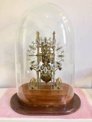 Antique English Made Skeleton Clock Under Glass Dome.