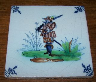 Antique Dutch Delft Soldier Tile Polychrome