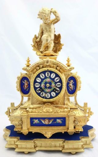 Antique French Mantle Clock Stunning Finish & Blue Sevres 8 Day Figural