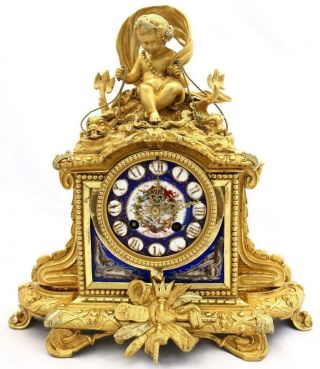 Antique French Mantle Clock Figural Bronze & Cobalt Blue Sevres Striking