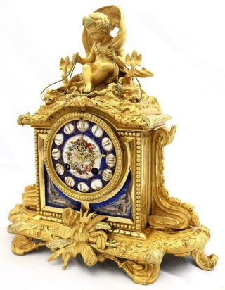 Antique French Mantle Clock Figural Bronze & Cobalt Blue Sevres Striking 2