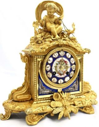Antique French Mantle Clock Figural Bronze & Cobalt Blue Sevres Striking 3