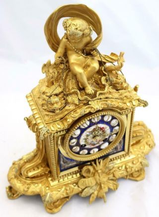 Antique French Mantle Clock Figural Bronze & Cobalt Blue Sevres Striking 4