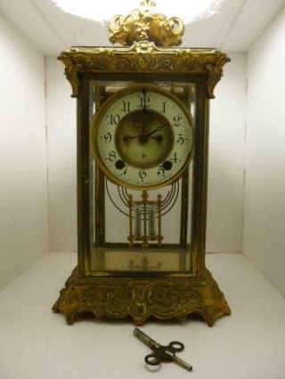 Vintage Ansonia Clock,  Metal Spelter Frame Encased In Glass,  Not,  Key
