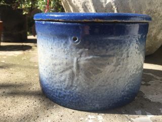 Neat Antique Blue And White Butterfly Stoneware Butter Crock With Lid