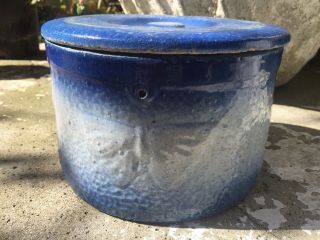 Neat Antique Blue And White BUTTERFLY STONEWARE Butter Crock With Lid 2