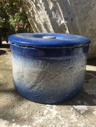 Neat Antique Blue And White BUTTERFLY STONEWARE Butter Crock With Lid 5