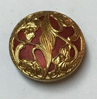 Rare Vintage Metal Antique Button Burgundy Background Gold Tone Floral 266