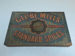 Vintage Antique Wooden Globe Mills Spice Box With Great Advertising Graphics