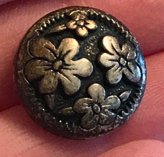 Antique Vintage Silver Tone Black Floral Flower Metal? Button 6167