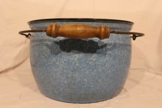 Vintage Blue Speckled Enamelware Chamber Pot,  Stock Pot,  Wood Handle,  No Lid