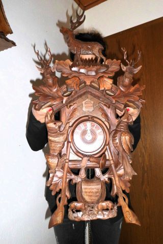 Xl Vintage Cuckoo Clock,  Orig Germay Regula 8 Day Clock Hand Carved.  75 Cm Top
