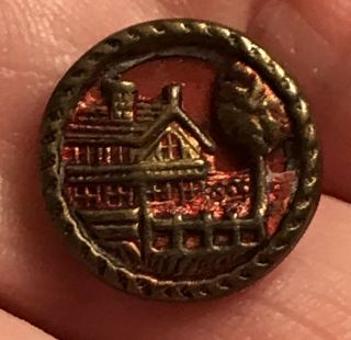 Rare House Fence Tree Scene Red Metal Gold Tone Vintage Button 2704