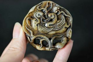 Exquisite Chinese Old Jade Carved Mandarin Duck/bat/lotus Lucky Pendant