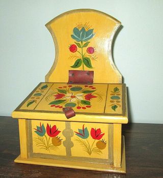 Pennsylvania Dutch Folk Art Vintage Handmade Painted Wood Salt Box Leather Trim