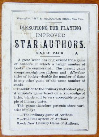 Antique1888 McLOUGHLIN BROTHERS Card Game IMPROVED STAR AUTHORS Complete PACK A 3