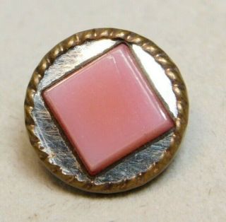 Fabulous Antique Metal Button Square Pink Glass W Mirror Back In Brass 1/2 P