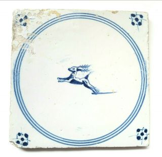 18th Century Delft Tile Of A Leaping Jumping Deer Or Stag Animal Holland 1700 
