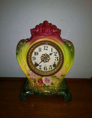 Antique Ansonia Royal Bonn " La Raine " Porcelain Mantle Clock.