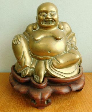 Vintage Brass Jolly Buddha On Wooden Base 1900s China