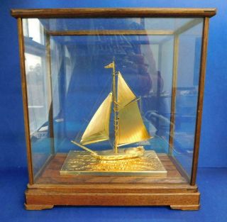 Quality Hong Kong Chinese Gilt Metal Sailing Boat In Glass Cabinet 1950s