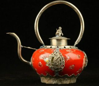 Old Chinese Painted Porcelain&silver Handmade Dragon & Monkey Teapot Rn