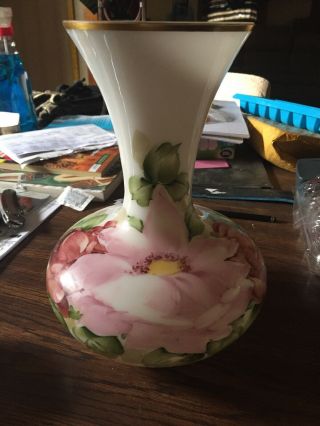 Antique Hand Painted Flowers Milk Glass Vase,  Signed P.  Connin,  9.  5 “