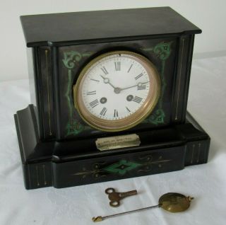 Lovely French Striking Marble Mantle Clock With Malachite Detail & Silver Plaque