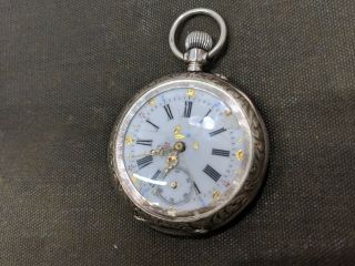 Antique Remontoir Cylindre 10 Rubis Pocket Watch Fancy Enamel Dial Silver Gold