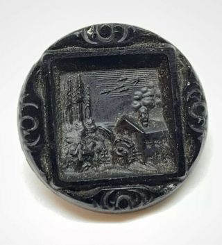 Jet Glass Victorian Picture Button Watermill Homestead 1880 Deep Carved 22.  82m