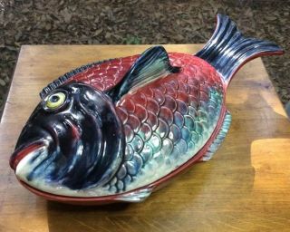 Antique Vintage Mediterranean Snapper Majolica Tureen From Provence,  France