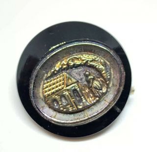 A Cabin In The Snow - Luster Carnival Black Glass Victorian Picture Button 22.  17mm