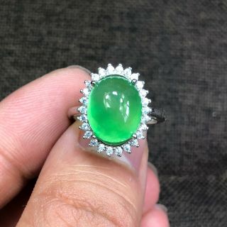 Chinese Rare S925 Silver & Green Jadeite Jade Egg Bead Handwork No.  6.  5 - 12 Ring