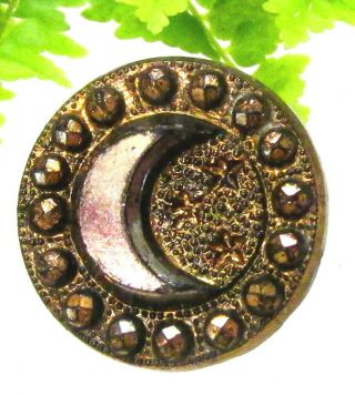 Wonderful Victorian Gold Luster Glass Button With Moon And Stars C118