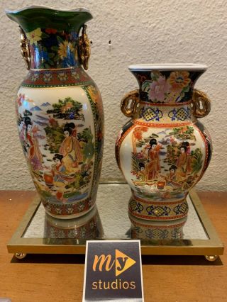 Asian Ceramic Vases 8 & 10 Inches Tall