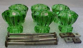 Set of 6 Vintage GREEN GLASS Drawer Pulls / Handle 1 1/4 