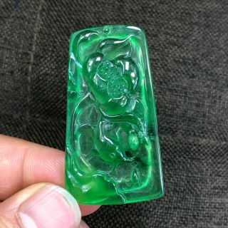 Rare Collectible Chinese Handwork Ice Green Jadeite Jade Lotus & Fish Pendant